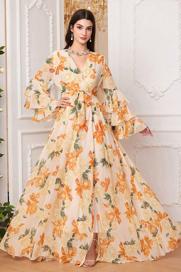 Gul Floral Chiffon A-linje V-hals Langærmet Lang Gallakjole